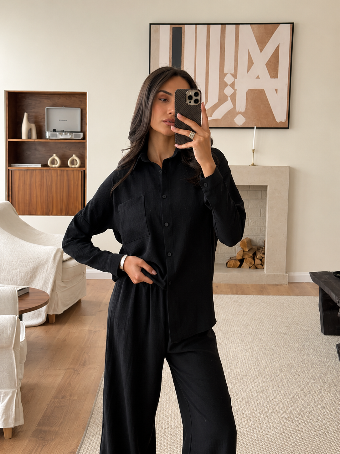 ENSEMBLE LIN NOIR BEIGE ET BLANC